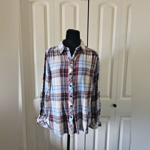 Northern Reflections Women's Plaid Button-Down Shirt Cream, Blue,Red SZ L